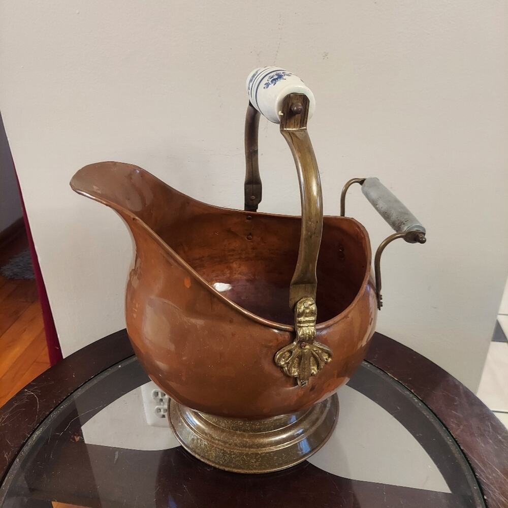 Antique Copper Coal Scuttle Ash Bucket with Delft Porcelain Blue & White Handle